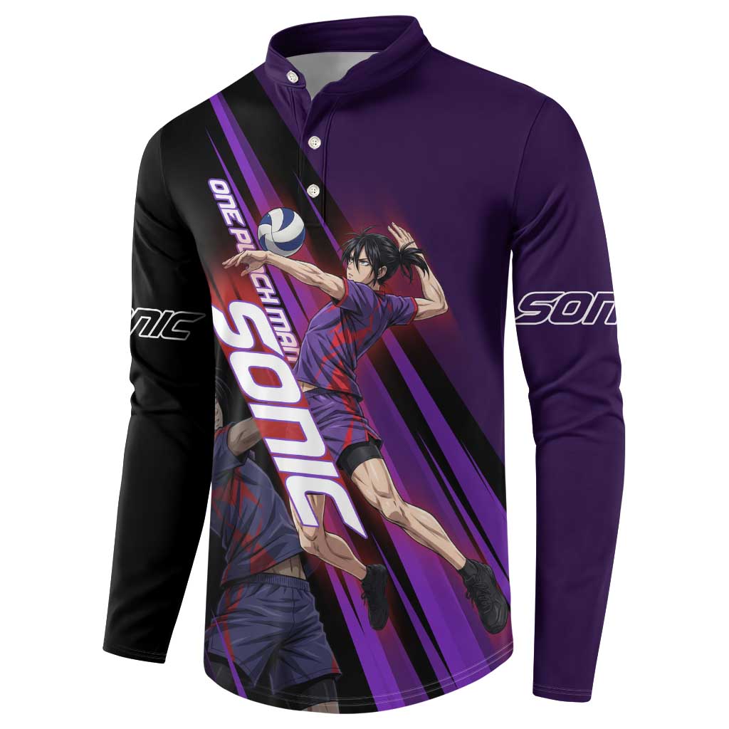 Personalized Sonic Volleyball Design Button Sweatshirt with Purple and Black Athletic Theme and Agile Jump Pose