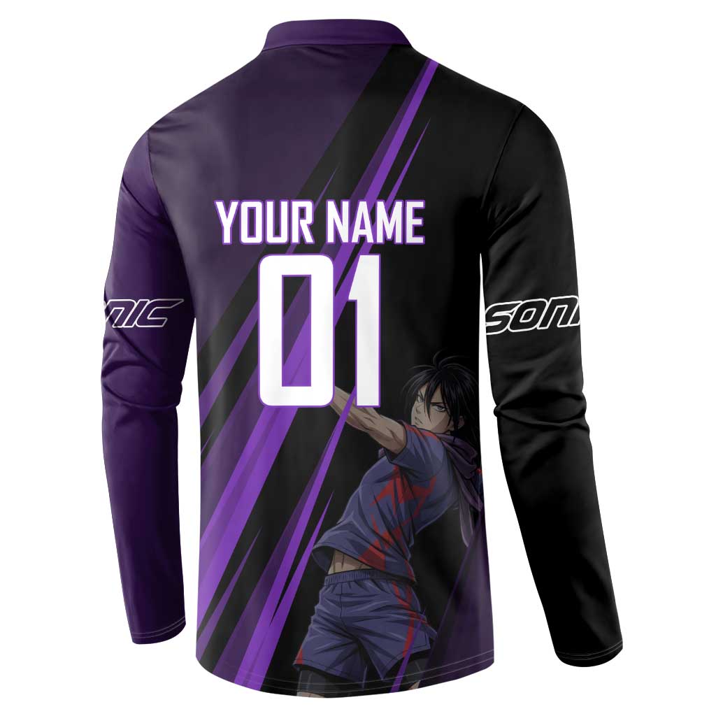 Personalized Sonic Volleyball Design Button Sweatshirt with Purple and Black Athletic Theme and Agile Jump Pose