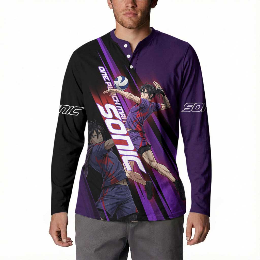 Personalized Sonic Volleyball Design Button Sweatshirt with Purple and Black Athletic Theme and Agile Jump Pose