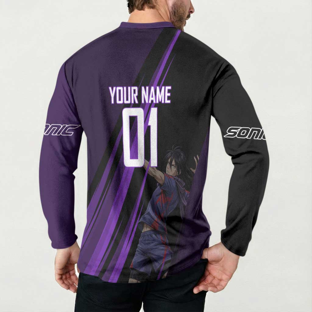 Personalized Sonic Volleyball Design Button Sweatshirt with Purple and Black Athletic Theme and Agile Jump Pose