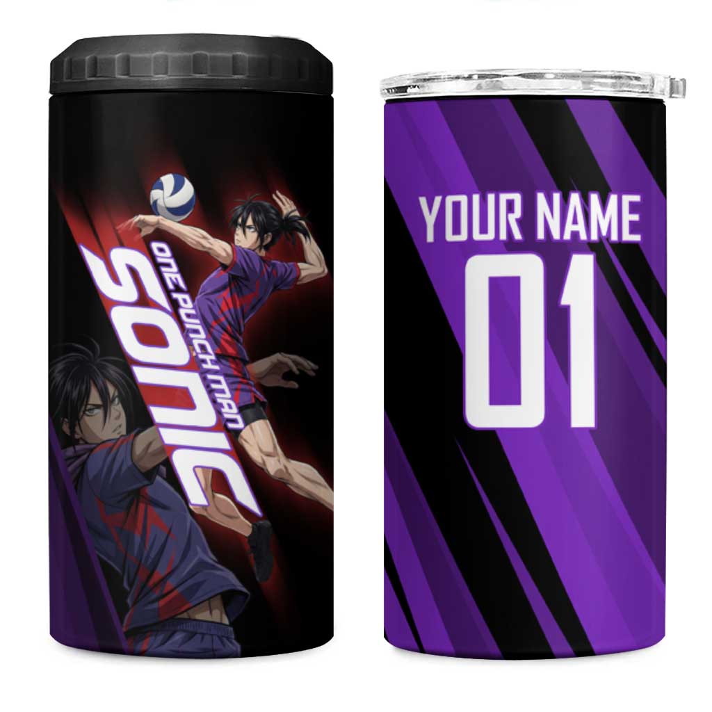 Personalized Sonic Volleyball Design 4 in 1 Can Cooler Tumbler with Purple and Black Athletic Theme and Agile Jump Pose