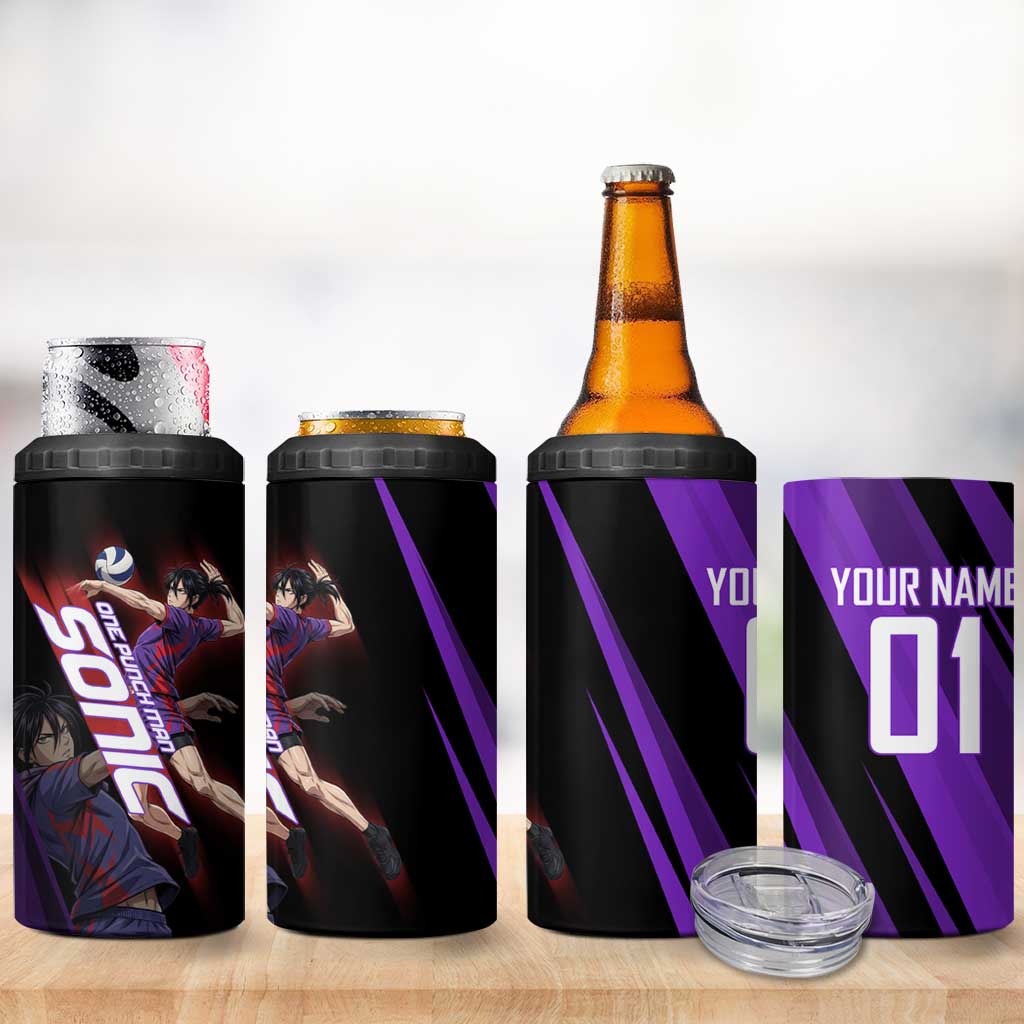 Personalized Sonic Volleyball Design 4 in 1 Can Cooler Tumbler with Purple and Black Athletic Theme and Agile Jump Pose