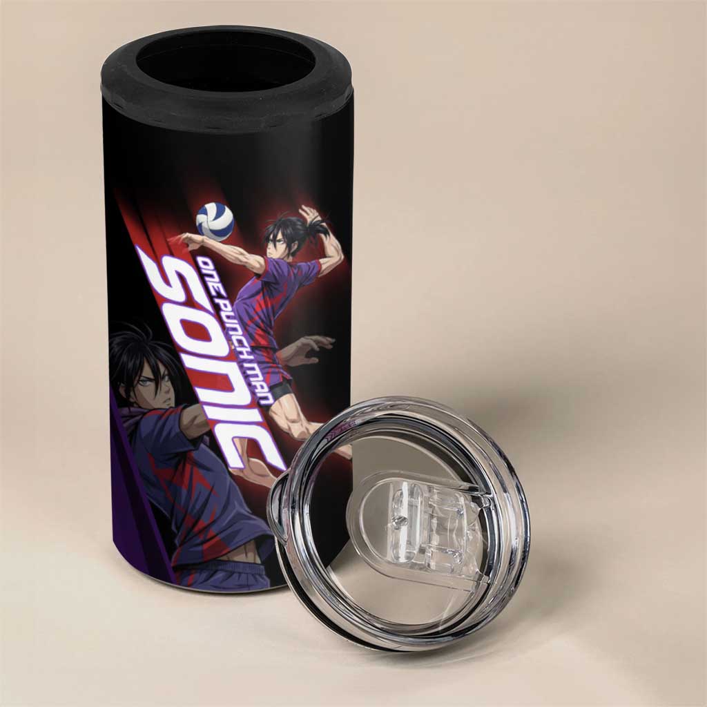 Personalized Sonic Volleyball Design 4 in 1 Can Cooler Tumbler with Purple and Black Athletic Theme and Agile Jump Pose