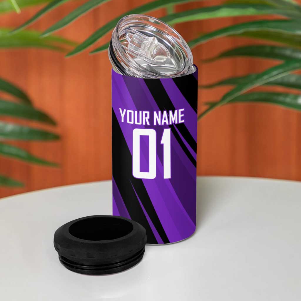 Personalized Sonic Volleyball Design 4 in 1 Can Cooler Tumbler with Purple and Black Athletic Theme and Agile Jump Pose