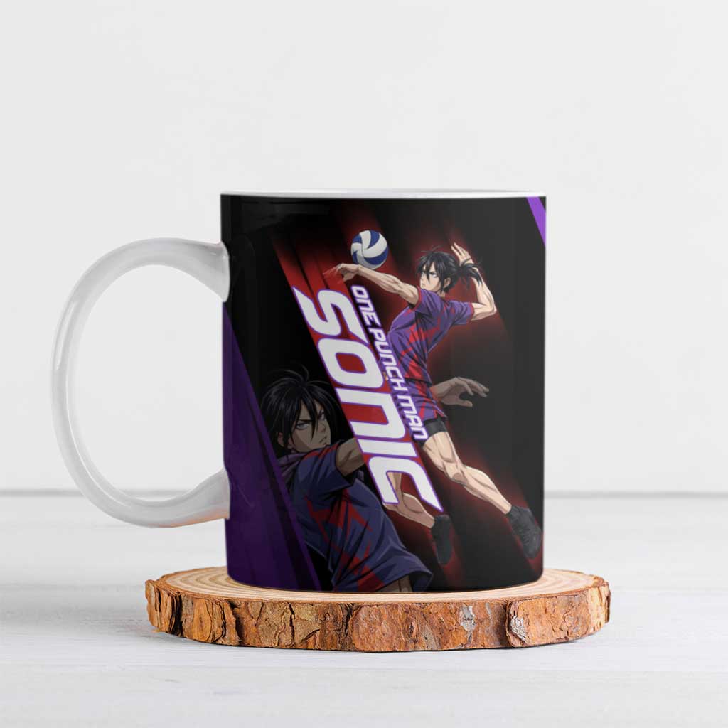 Personalized Sonic Volleyball Design Ceramic Mug with Purple and Black Athletic Theme and Agile Jump Pose