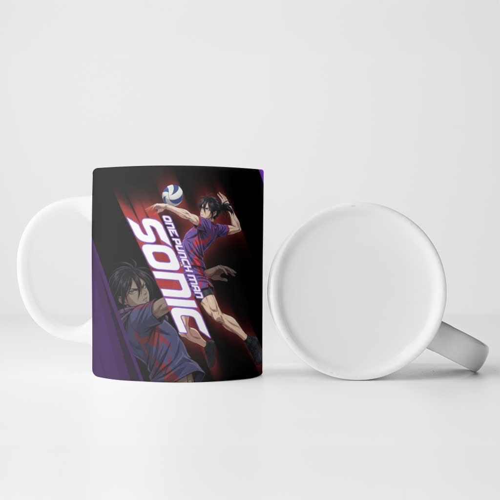 Personalized Sonic Volleyball Design Ceramic Mug with Purple and Black Athletic Theme and Agile Jump Pose