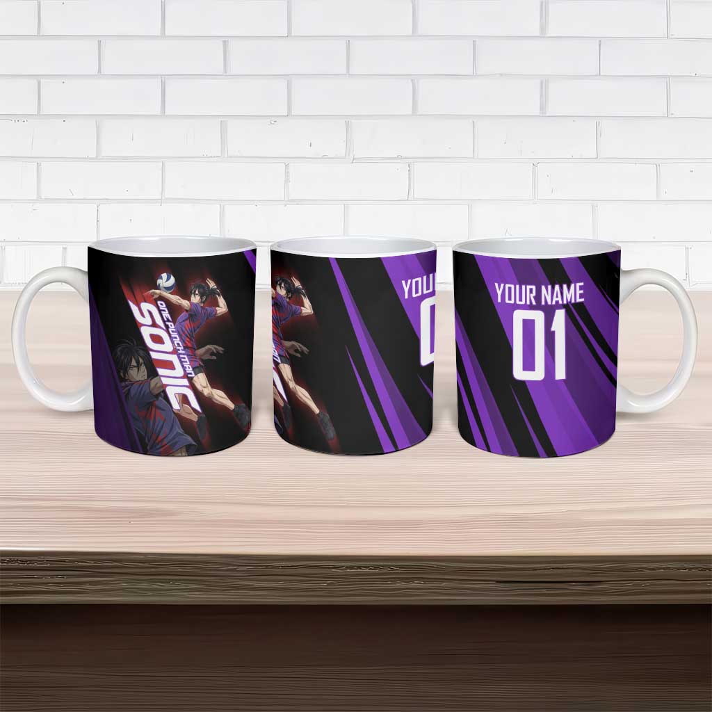 Personalized Sonic Volleyball Design Ceramic Mug with Purple and Black Athletic Theme and Agile Jump Pose