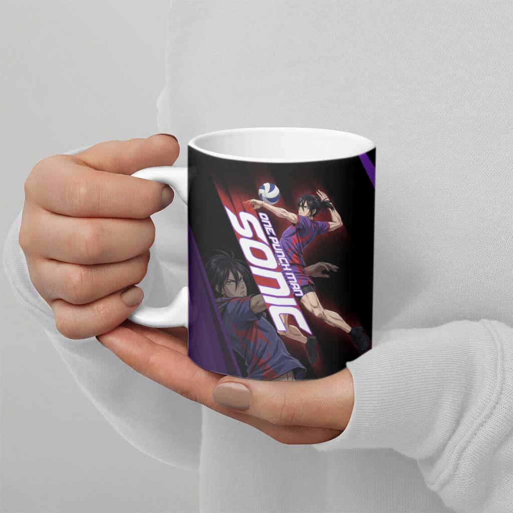 Personalized Sonic Volleyball Design Ceramic Mug with Purple and Black Athletic Theme and Agile Jump Pose