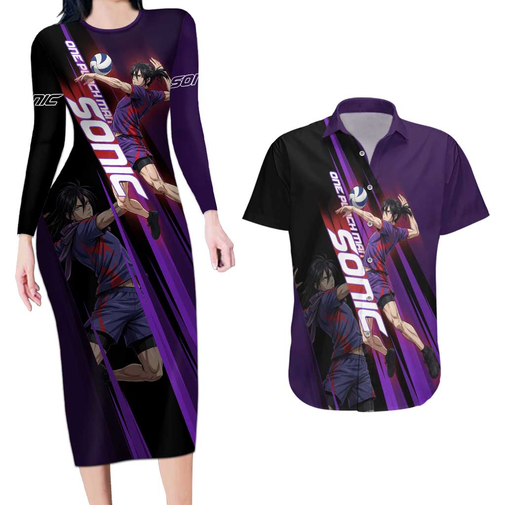 Personalized Sonic Volleyball Design Couples Matching Long Sleeve Bodycon Dress and Hawaiian Shirt with Purple and Black Athletic Theme and Agile Jump Pose