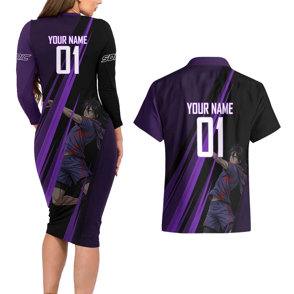 Personalized Sonic Volleyball Design Couples Matching Long Sleeve Bodycon Dress and Hawaiian Shirt with Purple and Black Athletic Theme and Agile Jump Pose