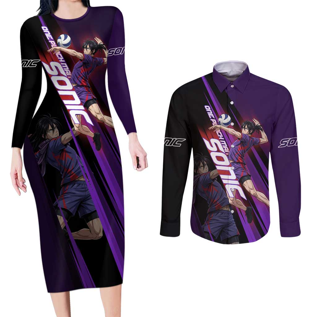 Personalized Sonic Volleyball Design Couples Matching Long Sleeve Bodycon Dress and Long Sleeve Button Shirt with Purple and Black Athletic Theme and Agile Jump Pose