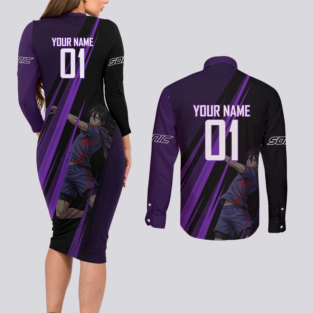 Personalized Sonic Volleyball Design Couples Matching Long Sleeve Bodycon Dress and Long Sleeve Button Shirt with Purple and Black Athletic Theme and Agile Jump Pose