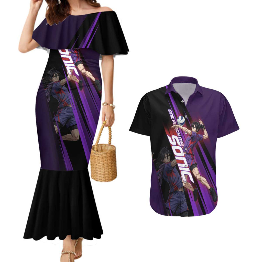Personalized Sonic Volleyball Design Couples Matching Mermaid Dress and Hawaiian Shirt with Purple and Black Athletic Theme and Agile Jump Pose