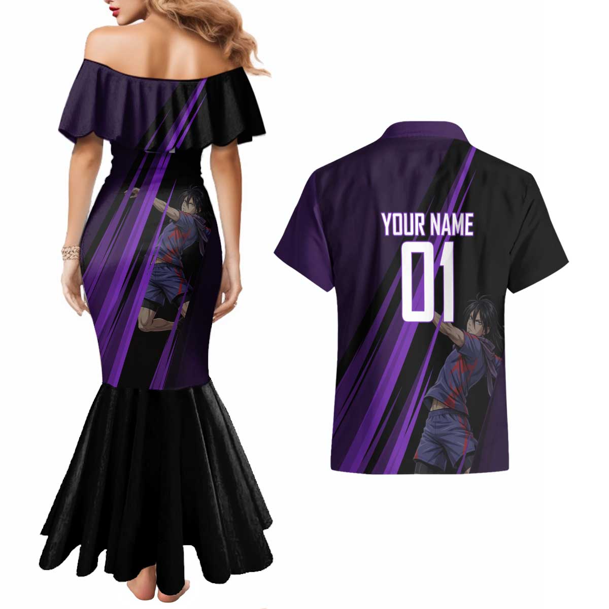 Personalized Sonic Volleyball Design Couples Matching Mermaid Dress and Hawaiian Shirt with Purple and Black Athletic Theme and Agile Jump Pose