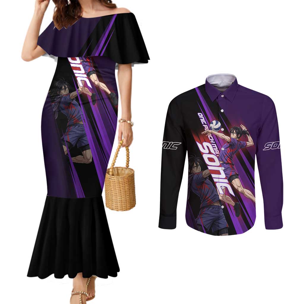 Personalized Sonic Volleyball Design Couples Matching Mermaid Dress and Long Sleeve Button Shirt with Purple and Black Athletic Theme and Agile Jump Pose