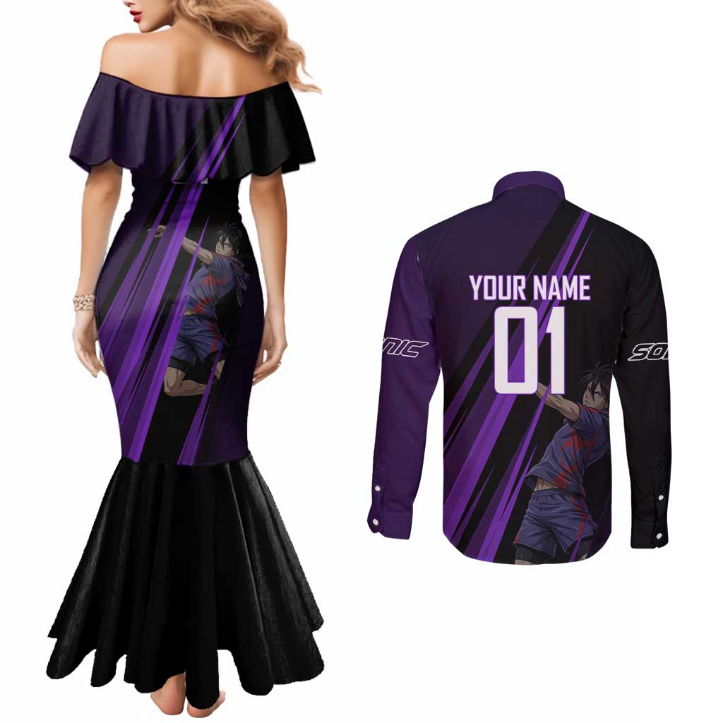 Personalized Sonic Volleyball Design Couples Matching Mermaid Dress and Long Sleeve Button Shirt with Purple and Black Athletic Theme and Agile Jump Pose
