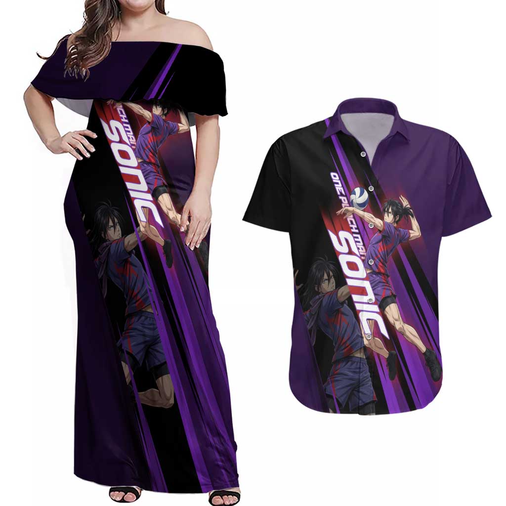 Personalized Sonic Volleyball Design Couples Matching Off Shoulder Maxi Dress and Hawaiian Shirt with Purple and Black Athletic Theme and Agile Jump Pose