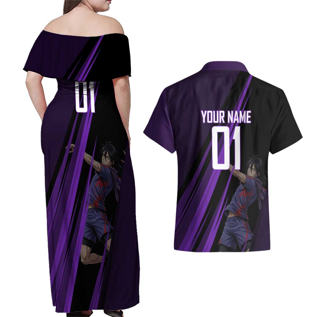 Personalized Sonic Volleyball Design Couples Matching Off Shoulder Maxi Dress and Hawaiian Shirt with Purple and Black Athletic Theme and Agile Jump Pose