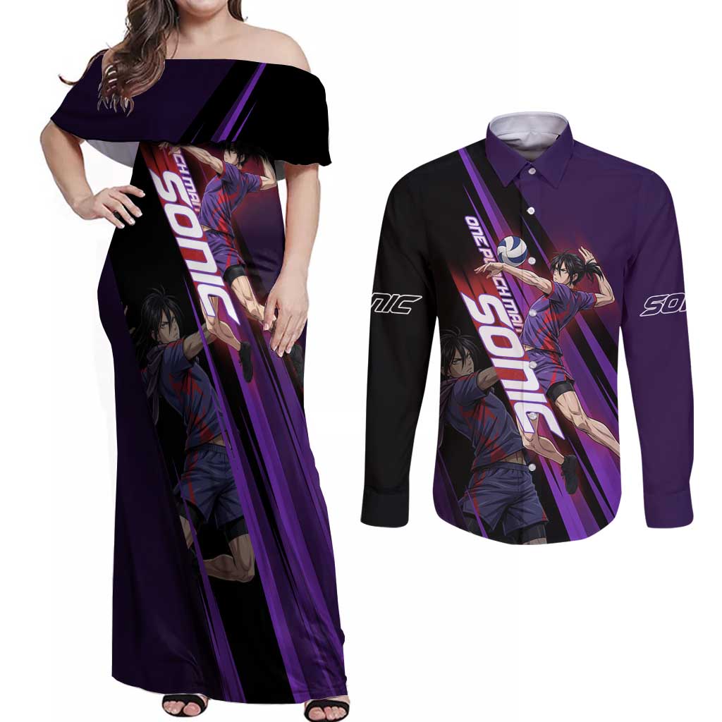 Personalized Sonic Volleyball Design Couples Matching Off Shoulder Maxi Dress and Long Sleeve Button Shirt with Purple and Black Athletic Theme and Agile Jump Pose