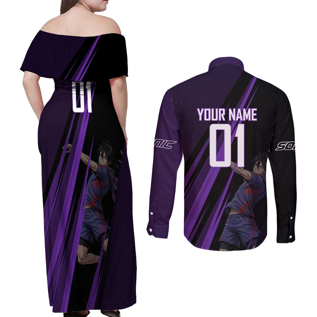 Personalized Sonic Volleyball Design Couples Matching Off Shoulder Maxi Dress and Long Sleeve Button Shirt with Purple and Black Athletic Theme and Agile Jump Pose