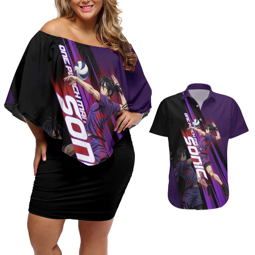 Personalized Sonic Volleyball Design Couples Matching Off Shoulder Short Dress and Hawaiian Shirt with Purple and Black Athletic Theme and Agile Jump Pose