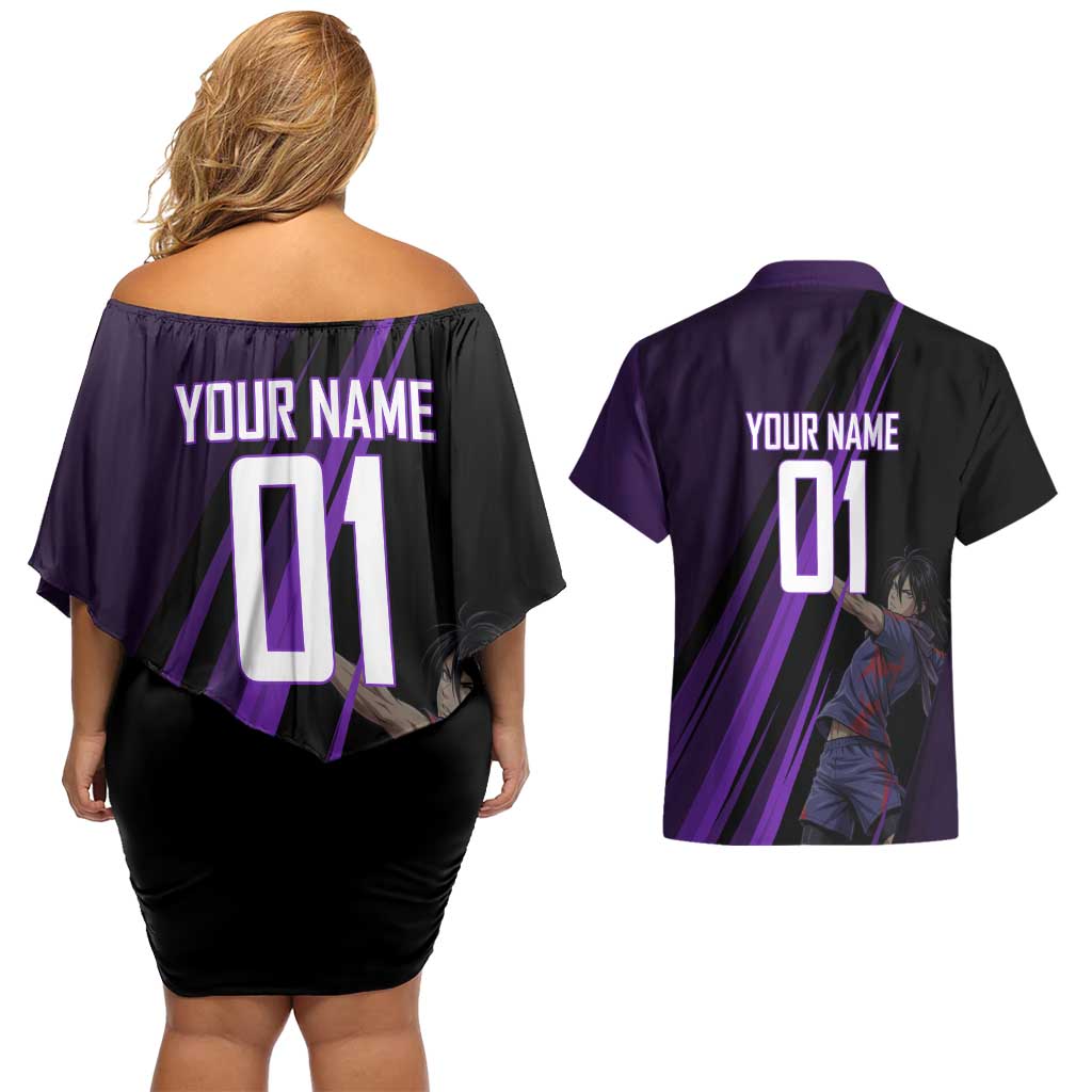 Personalized Sonic Volleyball Design Couples Matching Off Shoulder Short Dress and Hawaiian Shirt with Purple and Black Athletic Theme and Agile Jump Pose