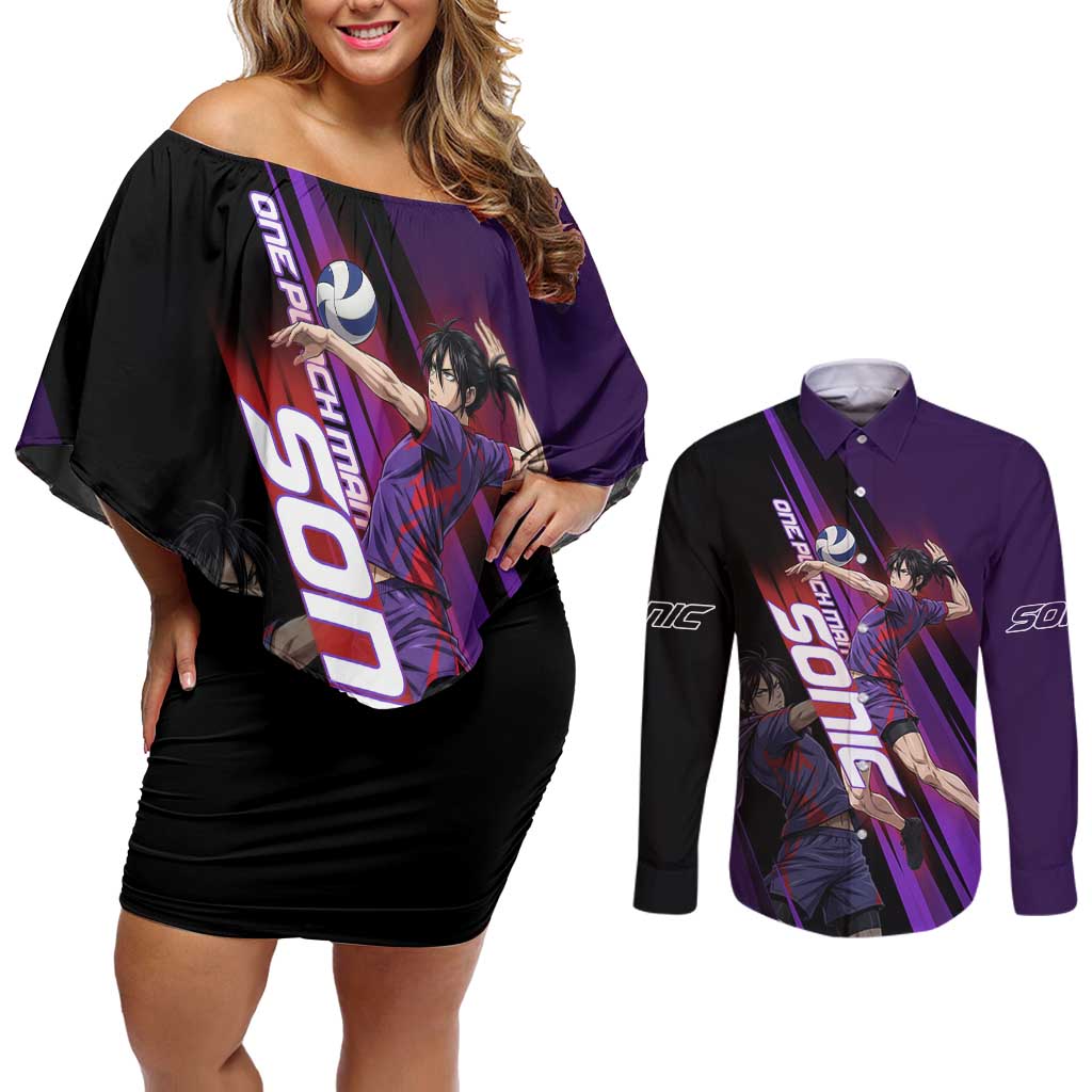Personalized Sonic Volleyball Design Couples Matching Off Shoulder Short Dress and Long Sleeve Button Shirt with Purple and Black Athletic Theme and Agile Jump Pose