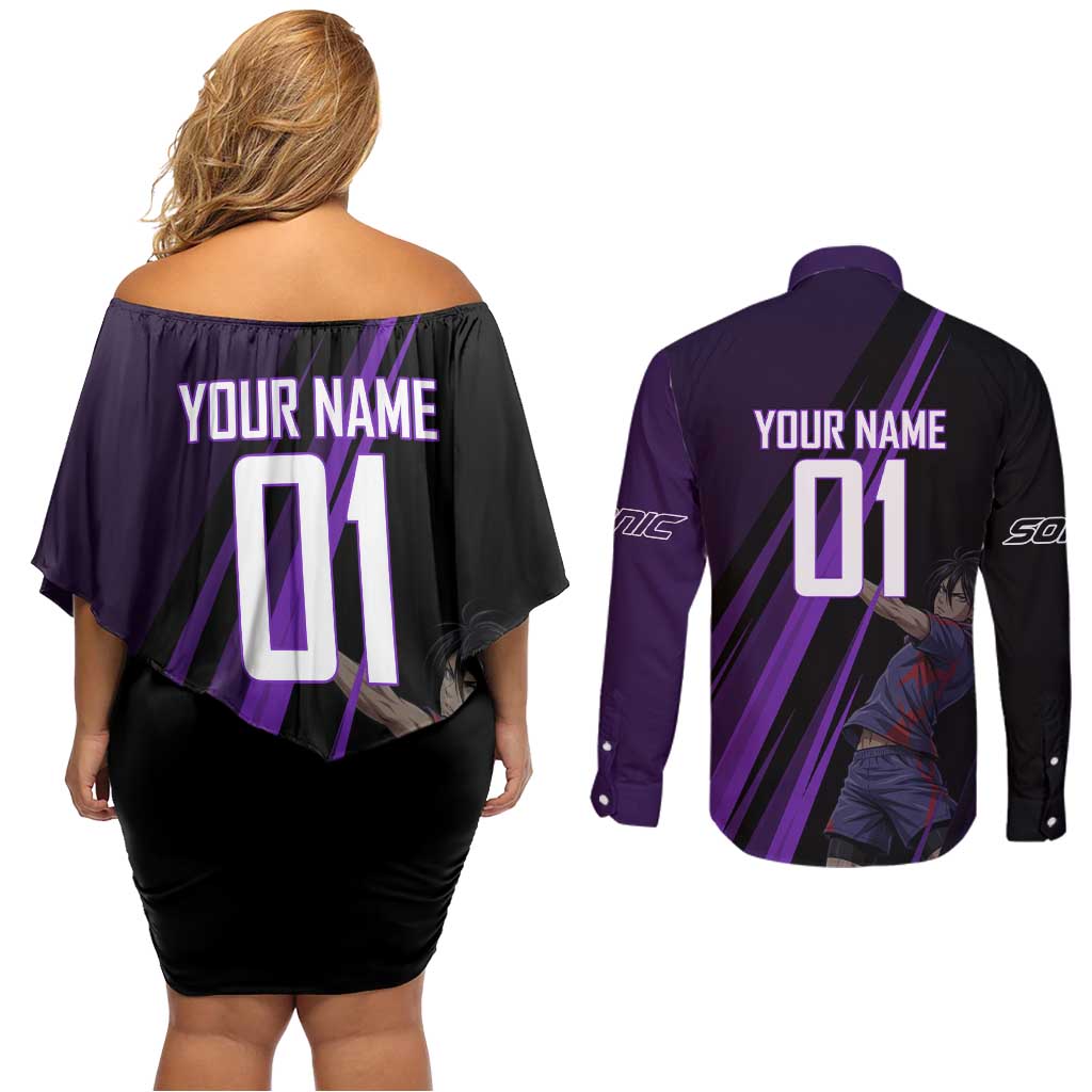 Personalized Sonic Volleyball Design Couples Matching Off Shoulder Short Dress and Long Sleeve Button Shirt with Purple and Black Athletic Theme and Agile Jump Pose