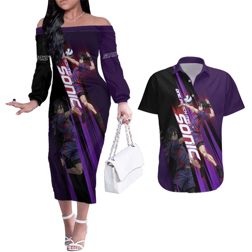 Personalized Sonic Volleyball Design Couples Matching Off The Shoulder Long Sleeve Dress and Hawaiian Shirt with Purple and Black Athletic Theme and Agile Jump Pose