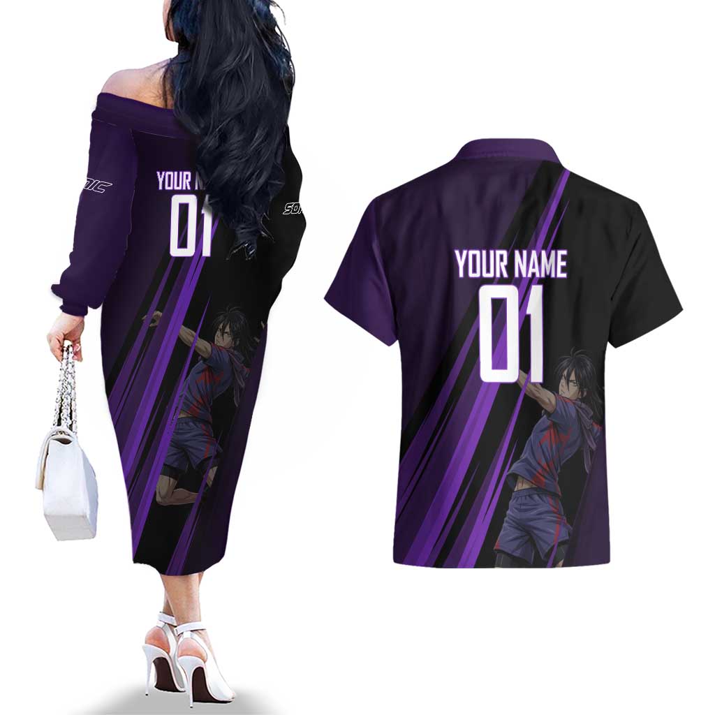 Personalized Sonic Volleyball Design Couples Matching Off The Shoulder Long Sleeve Dress and Hawaiian Shirt with Purple and Black Athletic Theme and Agile Jump Pose