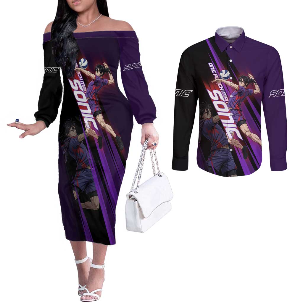Personalized Sonic Volleyball Design Couples Matching Off The Shoulder Long Sleeve Dress and Long Sleeve Button Shirt with Purple and Black Athletic Theme and Agile Jump Pose