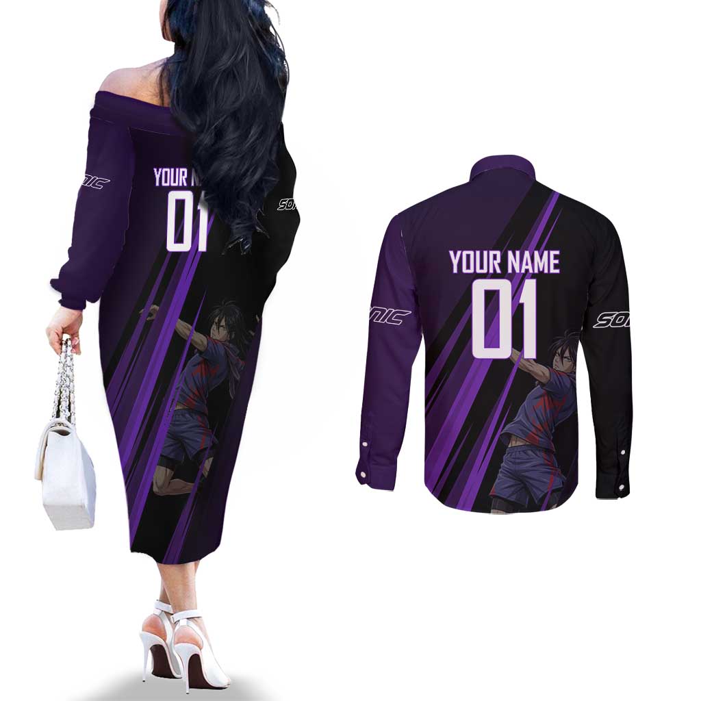 Personalized Sonic Volleyball Design Couples Matching Off The Shoulder Long Sleeve Dress and Long Sleeve Button Shirt with Purple and Black Athletic Theme and Agile Jump Pose