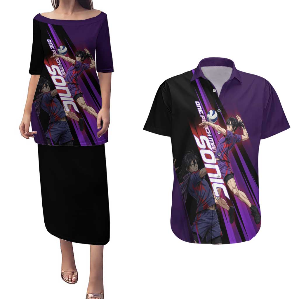 Personalized Sonic Volleyball Design Couples Matching Puletasi and Hawaiian Shirt with Purple and Black Athletic Theme and Agile Jump Pose