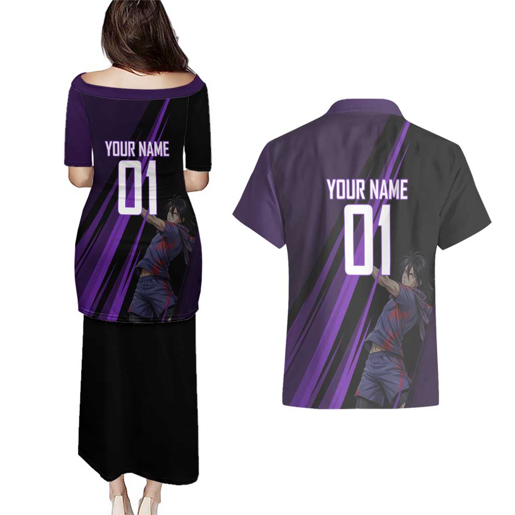 Personalized Sonic Volleyball Design Couples Matching Puletasi and Hawaiian Shirt with Purple and Black Athletic Theme and Agile Jump Pose