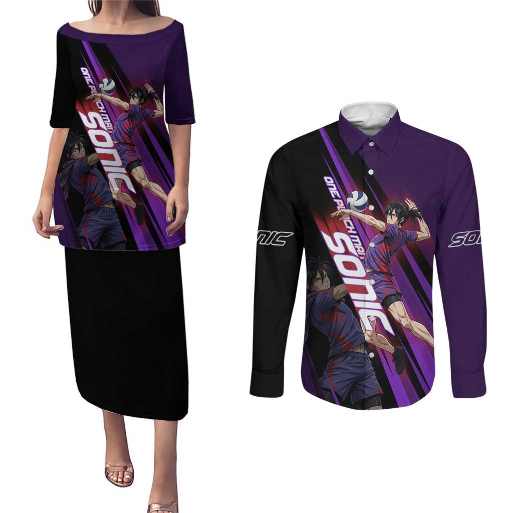 Personalized Sonic Volleyball Design Couples Matching Puletasi and Long Sleeve Button Shirt with Purple and Black Athletic Theme and Agile Jump Pose