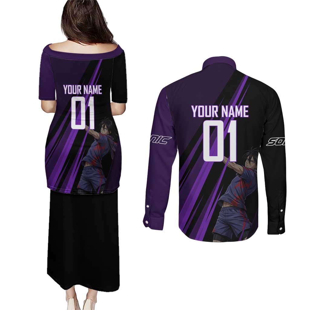 Personalized Sonic Volleyball Design Couples Matching Puletasi and Long Sleeve Button Shirt with Purple and Black Athletic Theme and Agile Jump Pose
