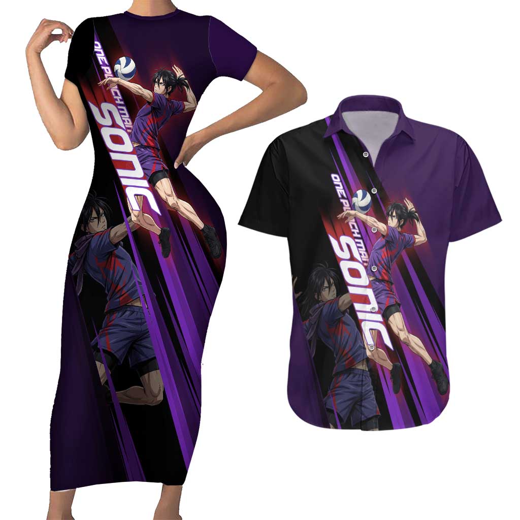 Personalized Sonic Volleyball Design Couples Matching Short Sleeve Bodycon Dress and Hawaiian Shirt with Purple and Black Athletic Theme and Agile Jump Pose