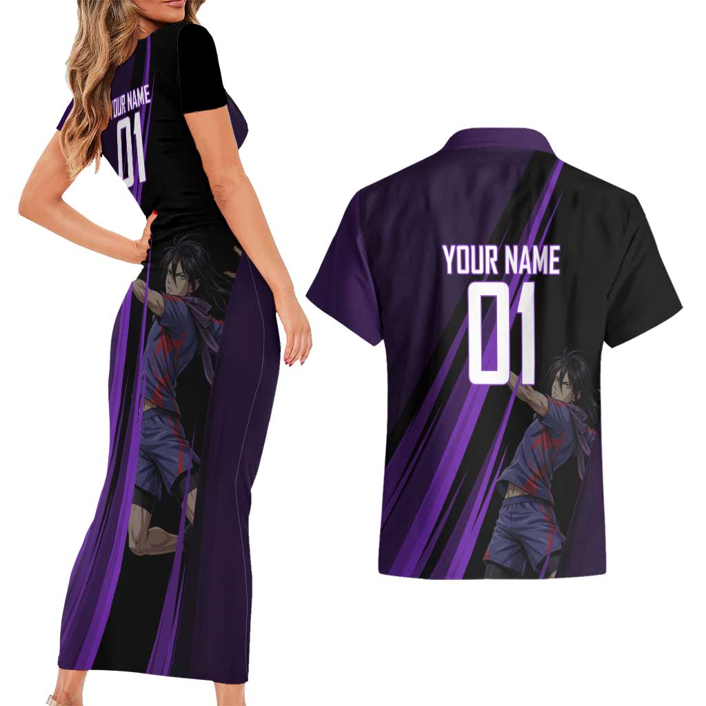 Personalized Sonic Volleyball Design Couples Matching Short Sleeve Bodycon Dress and Hawaiian Shirt with Purple and Black Athletic Theme and Agile Jump Pose