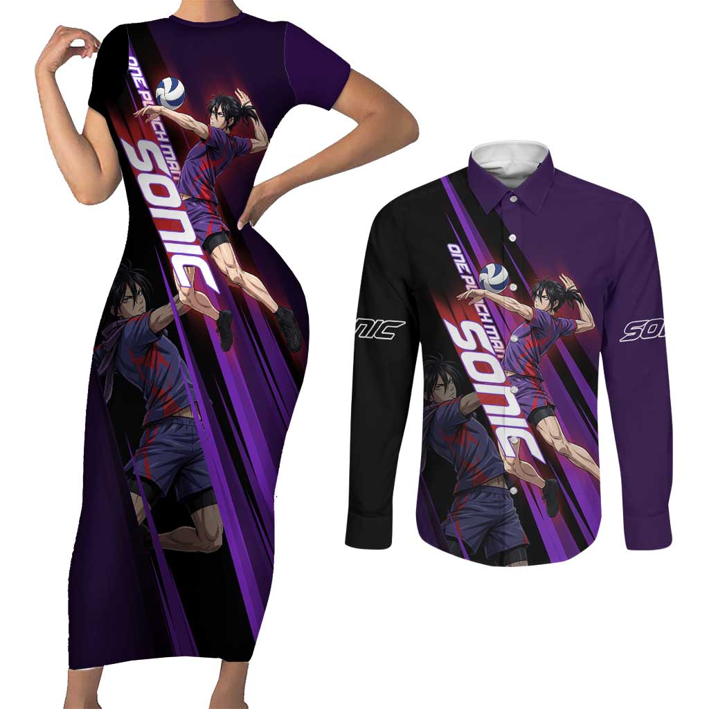Personalized Sonic Volleyball Design Couples Matching Short Sleeve Bodycon Dress and Long Sleeve Button Shirt with Purple and Black Athletic Theme and Agile Jump Pose