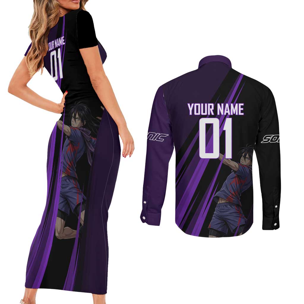 Personalized Sonic Volleyball Design Couples Matching Short Sleeve Bodycon Dress and Long Sleeve Button Shirt with Purple and Black Athletic Theme and Agile Jump Pose