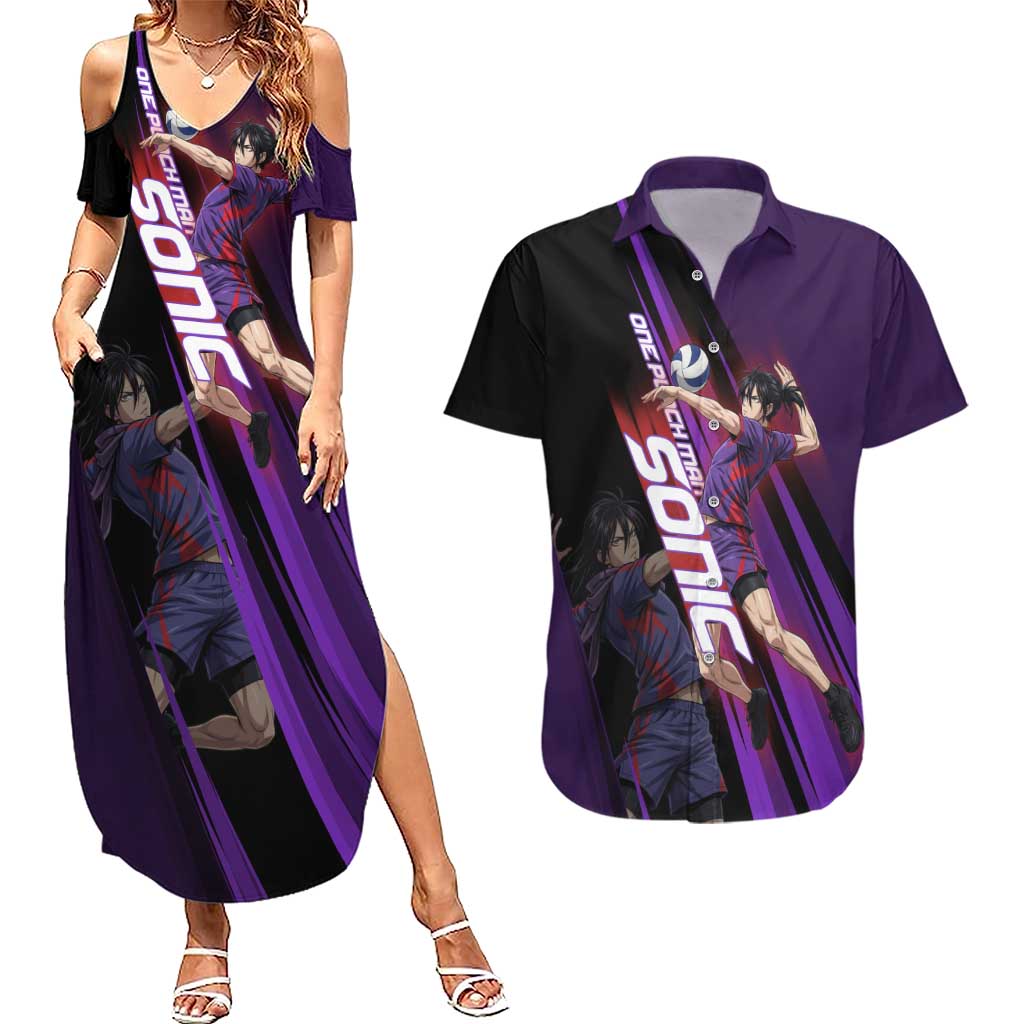 Personalized Sonic Volleyball Design Couples Matching Summer Maxi Dress and Hawaiian Shirt with Purple and Black Athletic Theme and Agile Jump Pose