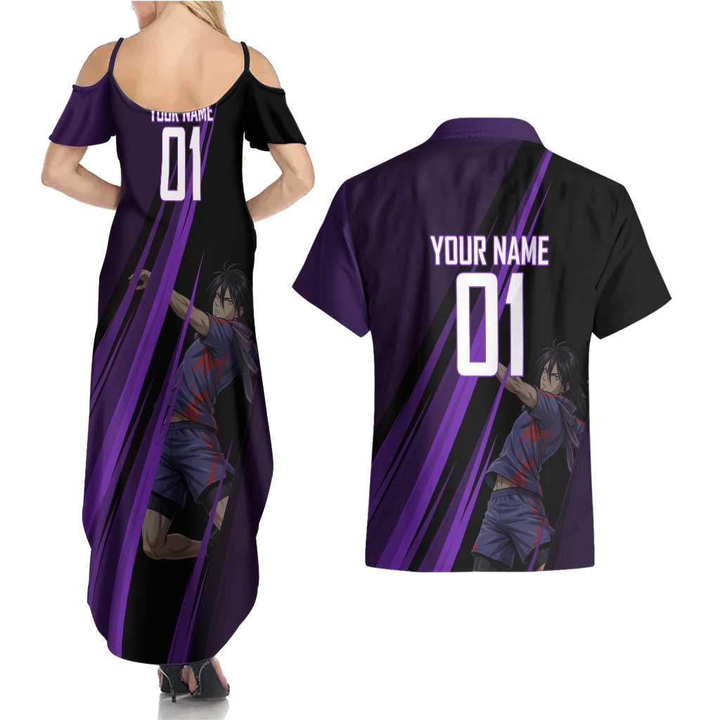 Personalized Sonic Volleyball Design Couples Matching Summer Maxi Dress and Hawaiian Shirt with Purple and Black Athletic Theme and Agile Jump Pose