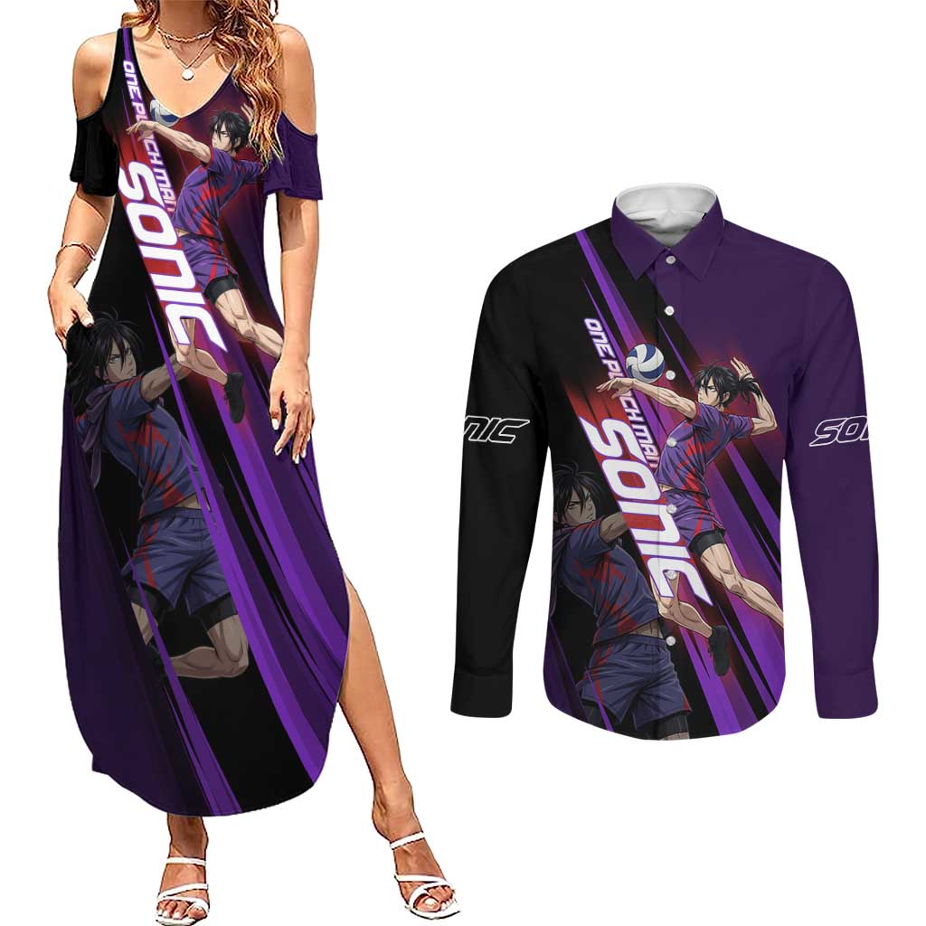 Personalized Sonic Volleyball Design Couples Matching Summer Maxi Dress and Long Sleeve Button Shirt with Purple and Black Athletic Theme and Agile Jump Pose