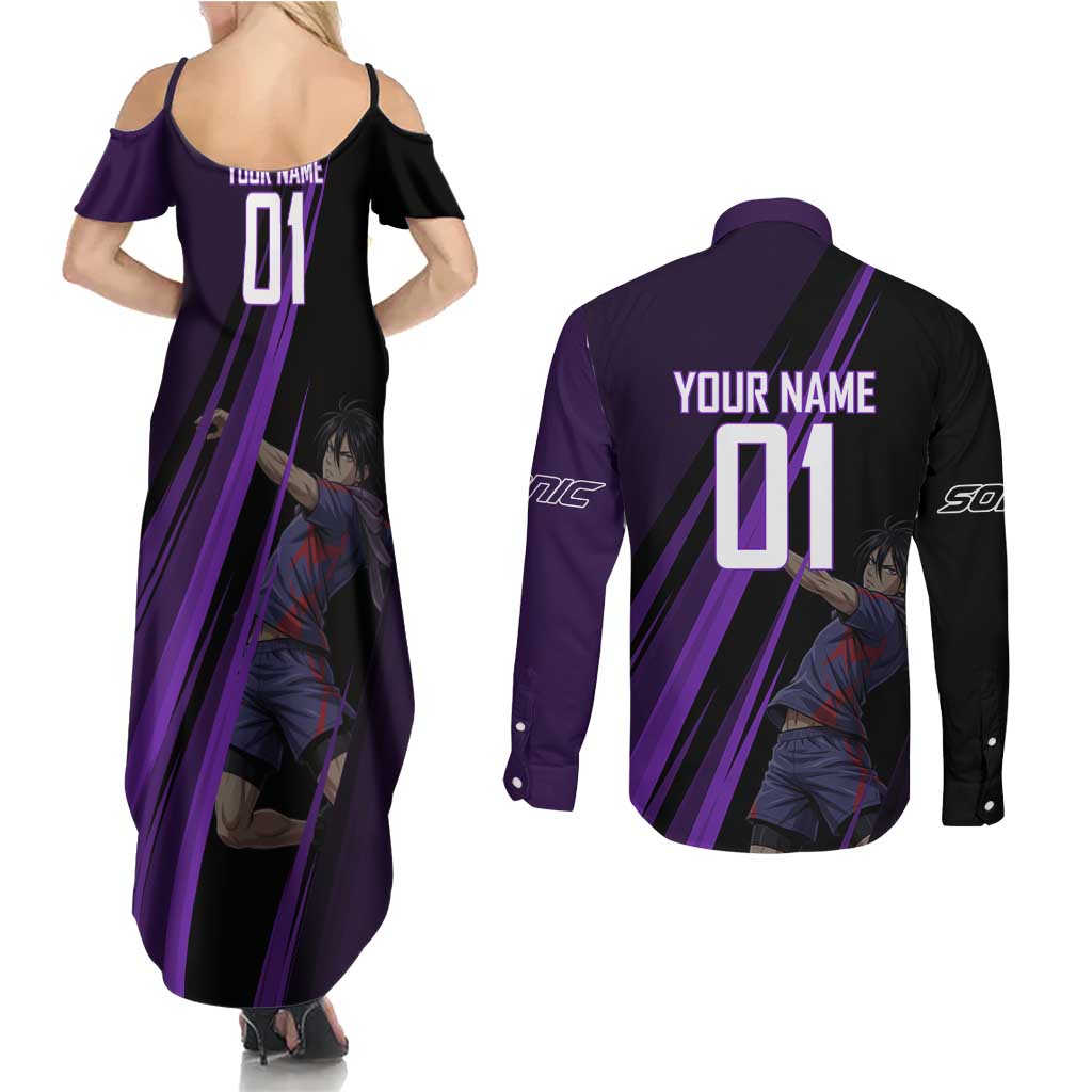 Personalized Sonic Volleyball Design Couples Matching Summer Maxi Dress and Long Sleeve Button Shirt with Purple and Black Athletic Theme and Agile Jump Pose