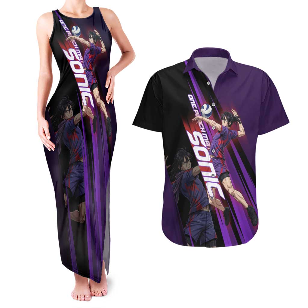 Personalized Sonic Volleyball Design Couples Matching Tank Maxi Dress and Hawaiian Shirt with Purple and Black Athletic Theme and Agile Jump Pose