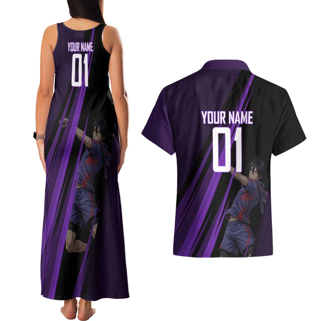 Personalized Sonic Volleyball Design Couples Matching Tank Maxi Dress and Hawaiian Shirt with Purple and Black Athletic Theme and Agile Jump Pose