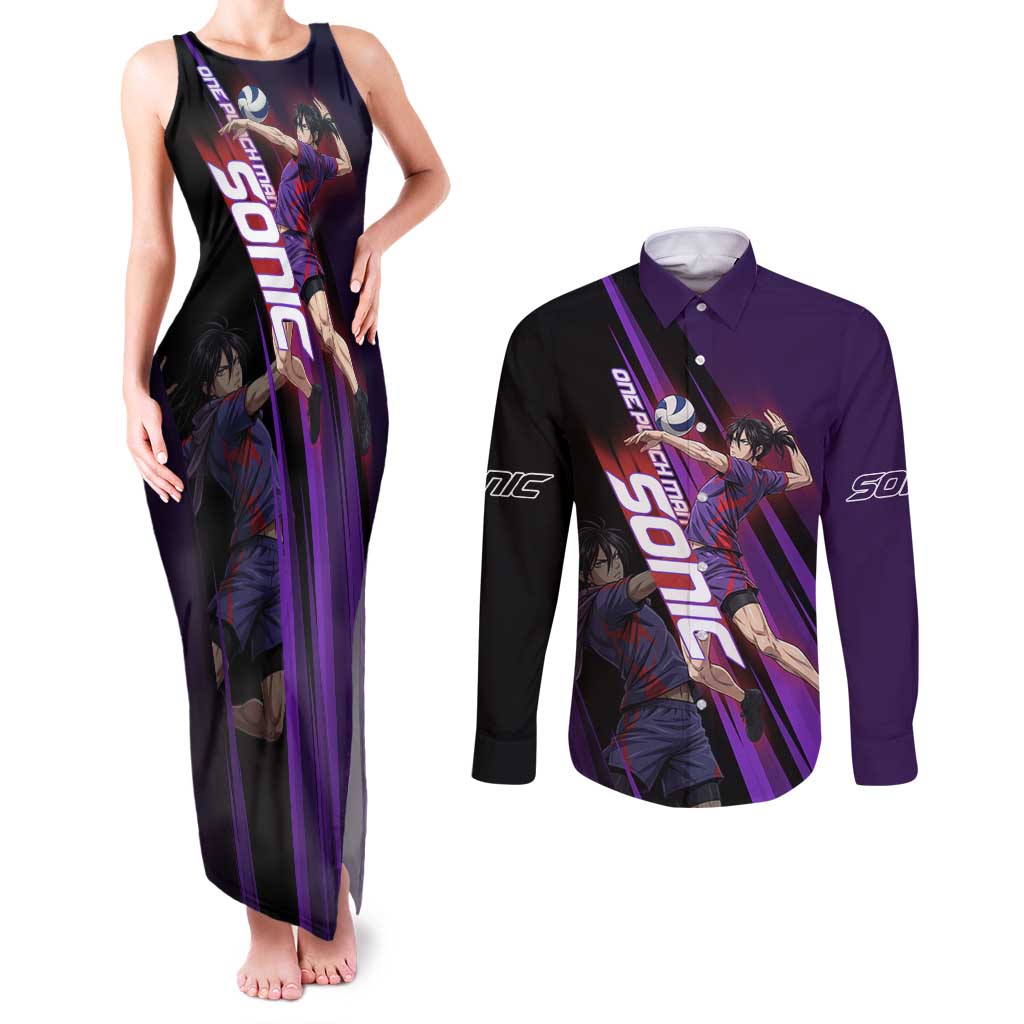 Personalized Sonic Volleyball Design Couples Matching Tank Maxi Dress and Long Sleeve Button Shirt with Purple and Black Athletic Theme and Agile Jump Pose