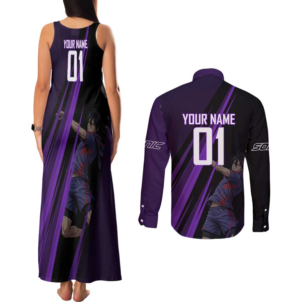 Personalized Sonic Volleyball Design Couples Matching Tank Maxi Dress and Long Sleeve Button Shirt with Purple and Black Athletic Theme and Agile Jump Pose