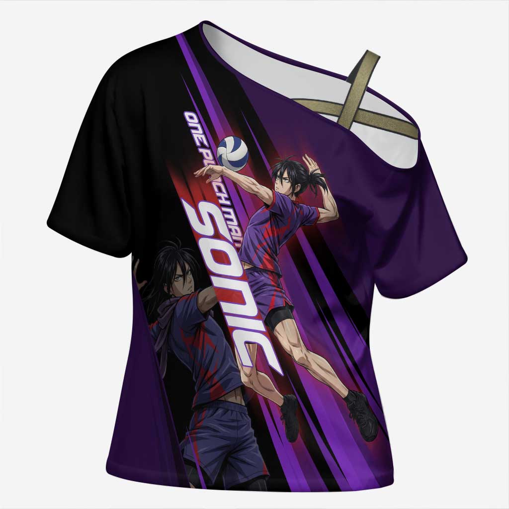 Personalized Sonic Volleyball Design Cross Shoulder Shirt with Purple and Black Athletic Theme and Agile Jump Pose