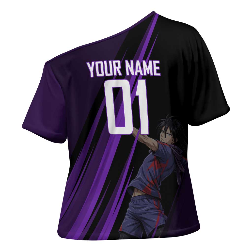 Personalized Sonic Volleyball Design Cross Shoulder Shirt with Purple and Black Athletic Theme and Agile Jump Pose